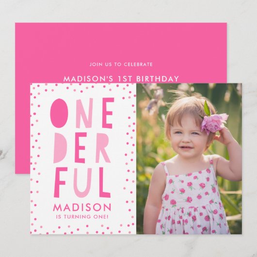 Onederful | 写真入り1歳の誕生日パーティー招待状 招待状 (正面/裏面)