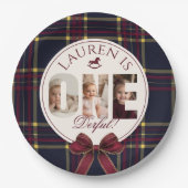 OneDerful 1st Birtdhay Burgundy Classic Plaid ペーパープレート (正面)