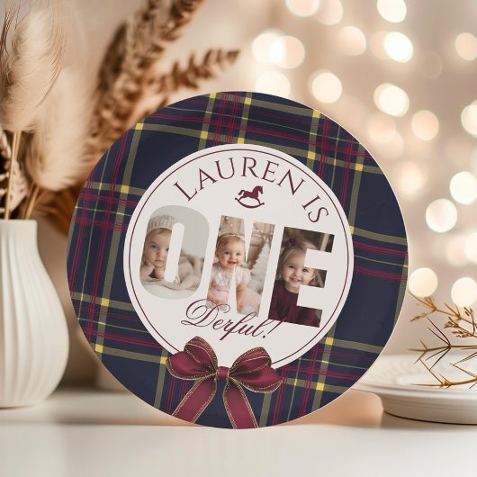 OneDerful 1st Birtdhay Burgundy Classic Plaid ペーパープレート