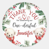 ONEderful Bear Christmas 1st Birthday Thank You ラウンドシール (正面)