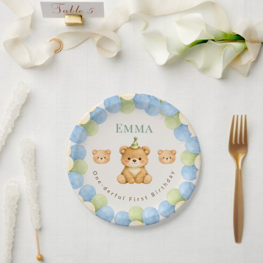 Onederful Bear First Birthday Paper Plates ペーパープレート (ウェディング)