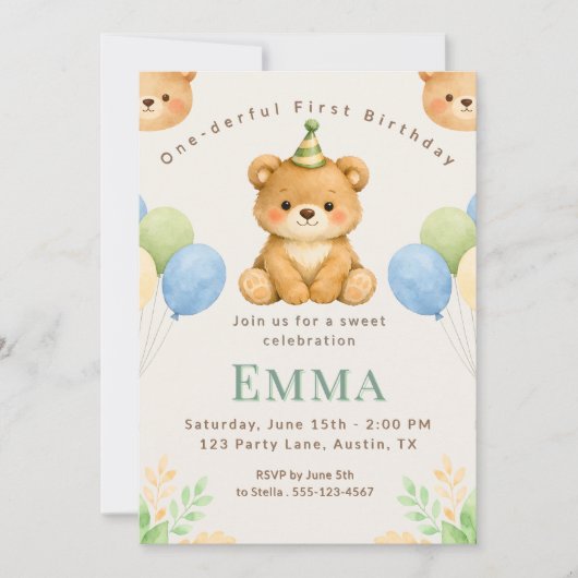 Onederful Bear First Birthday Party Invitation 招待状 (正面)