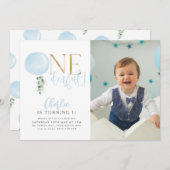 ONEderful Blue Balloon Boys 1st Birthday写真 招待状 (正面/裏面)
