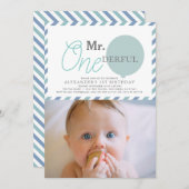 ONEderful Blue Balloon Photo 1st Birthday 招待状 (正面/裏面)