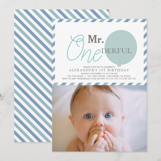 ONEderful Blue Balloon Photo 1st Birthday 招待状 (正面/裏面)