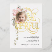 Onederful girl 1st birthday Wildflower photo金ゴールド 箔招待状 (正面)