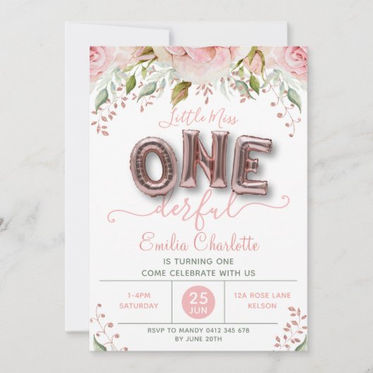 Onederful Girls Pink Balloon 1st Birthday 招待状 (正面)