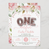 Onederful Girls Pink Balloon 1st Birthday 招待状 (正面/裏面)