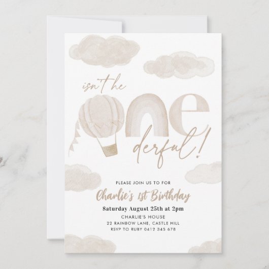 Onederful Hot Air Balloon Beige Boy 1st Birthday 招待状 (正面)