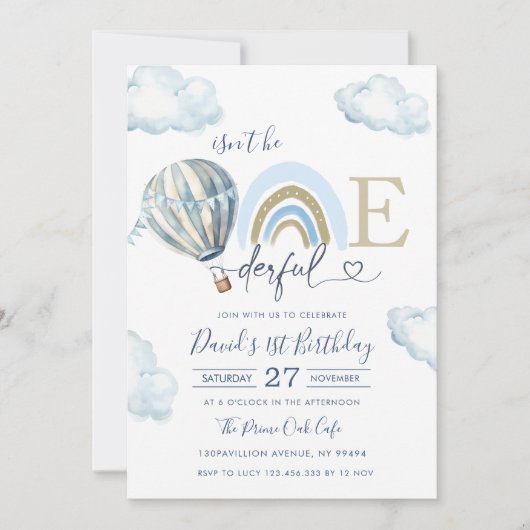 Onederful Hot Air Balloon Boy 1st Birthday 招待状 (正面)
