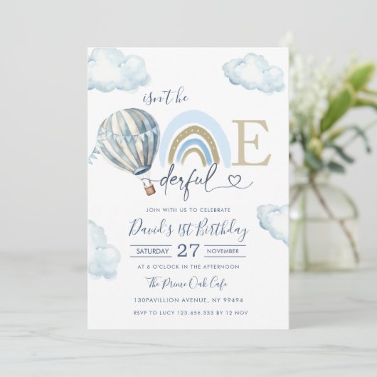 Onederful Hot Air Balloon Boy 1st Birthday 招待状 (スタンド正面)