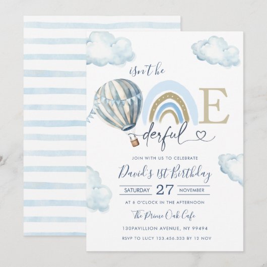 Onederful Hot Air Balloon Boy 1st Birthday 招待状 (正面/裏面)