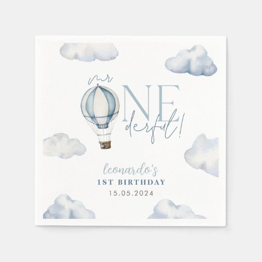 ONEderful Hot Air Balloon Boy 1st Birthday Blue スタンダードカクテルナプキン (正面)