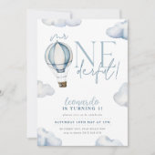 ONEderful Hot Air Balloon Boy 1st Birthday Blue 招待状 (正面)