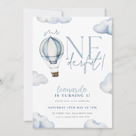 ONEderful Hot Air Balloon Boy 1st Birthday Blue 招待状 (正面)