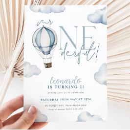 ONEderful Hot Air Balloon Boy 1st Birthday Blue 招待状