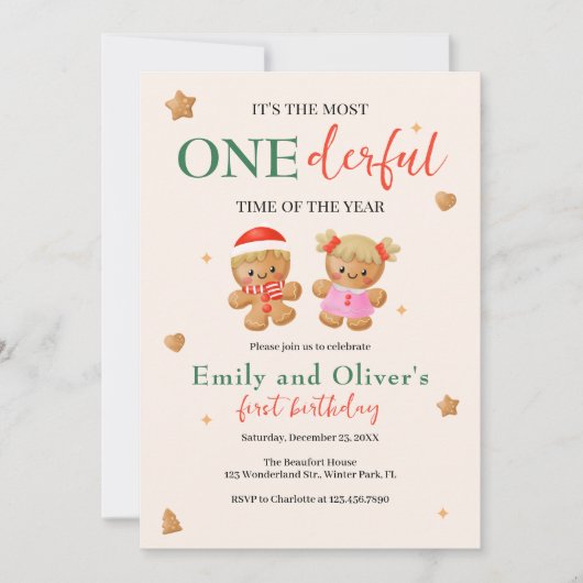 Onederful Joint Christmas Twins 1st Birthday 招待状 (正面)
