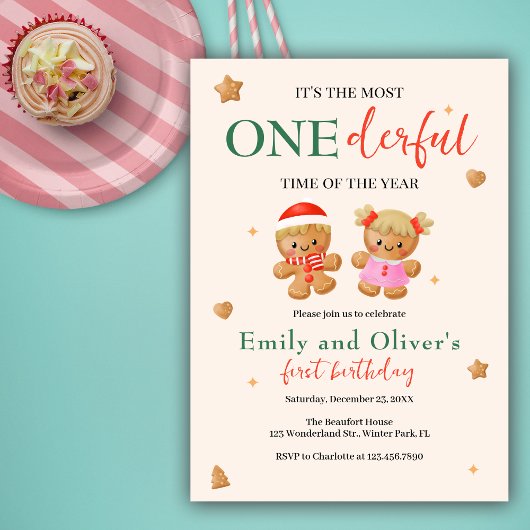 Onederful Joint Christmas Twins 1st Birthday 招待状
