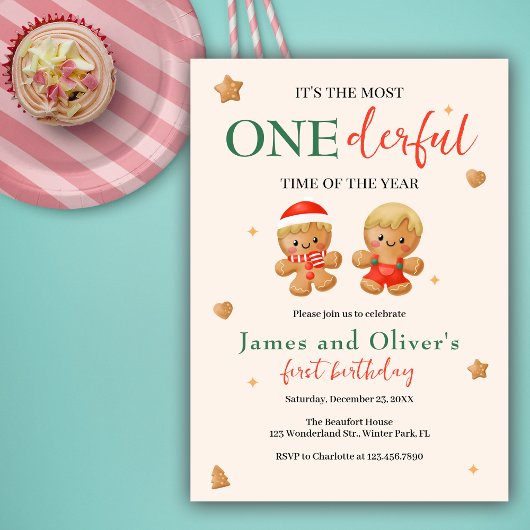 Onederful Joint Christmas Twins Boys 1st Birthday 招待状