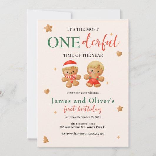 Onederful Joint Christmas Twins Boys 1st Birthday 招待状 (正面)