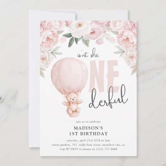 Onederful Teddy Hot Air Balloon 1st Birthday 招待状 (正面)