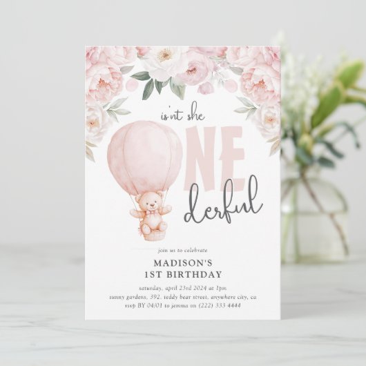 Onederful Teddy Hot Air Balloon 1st Birthday 招待状 (スタンド正面)