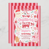 Onederful Time Of The Year Christmas Bow Birthday 招待状 (正面/裏面)