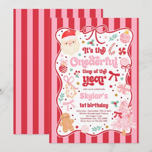 Onederful Time Of The Year Christmas Bow Birthday 招待状 (正面/裏面)
