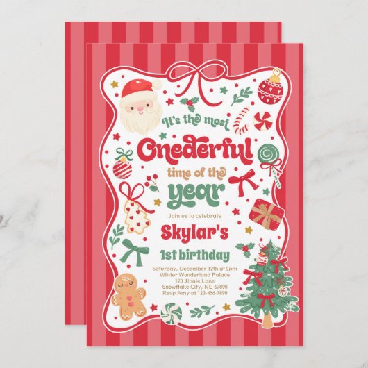 Onederful Time Of The Year Christmas Bow Birthday 招待状 (正面/裏面)