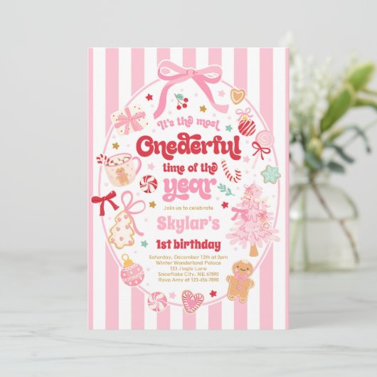 Onederful Time Of The Year Christmas Bow Birthday 招待状 (スタンド正面)