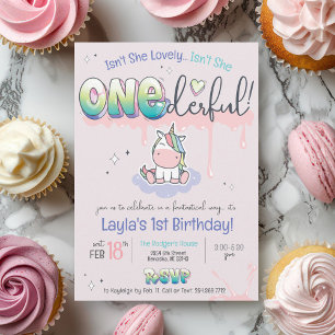 ONEderful Unicorn Rainbow Pink Girl第1誕生日 招待状
