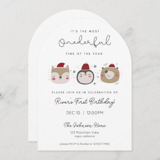 Onederful Winter Animals First Birthday Invitation 招待状 (正面/裏面)