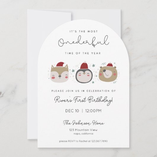 Onederful Winter Animals First Birthday Invitation 招待状 (正面)