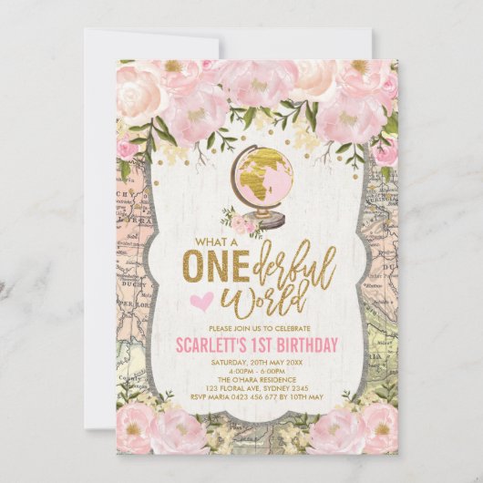 ONEderful World Adventure Map女の子1st誕生日 招待状 (正面)