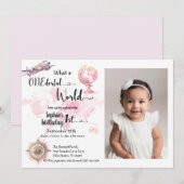 ONEderful world pink travel 1st birthday photo 招待状 (正面/裏面)