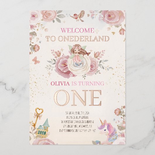 Onederland Floral First Birthday Girl Luxury 箔招待状 (正面)