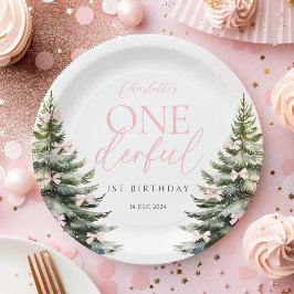 Onederland Winter Pink Bow 1st Birthday ペーパープレート