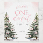 Onederland Winter Pink Bow 1st Birthday ワインラベル (シングルラベル)