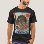 Oni Cat Surging Waves Ukiyo-e Sunrise Tシャツ (正面)