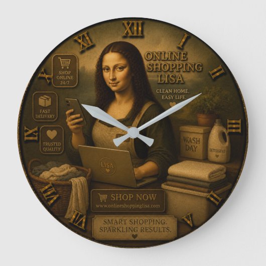 Online Shopping Funny Mona Lisa Shopper Gift ラージ壁時計 (正面)
