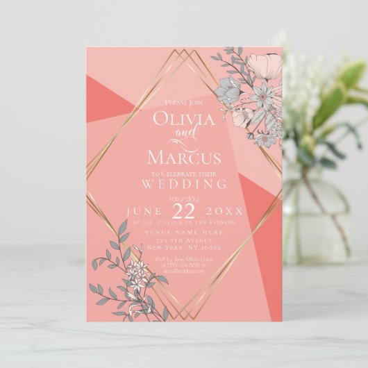 OnTrendの結婚サンゴフローラ幾何学的金ゴールドフレーム 招待状 (スタンド正面)