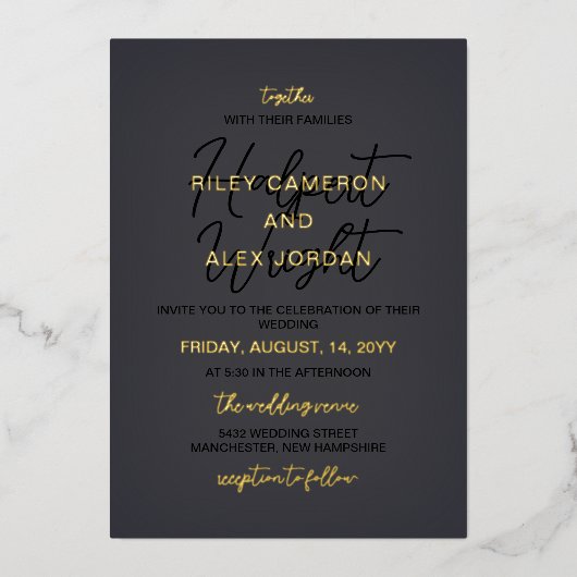 Onyxグレーと金ゴールドと親結婚の組み合わせ 箔招待状 (正面)