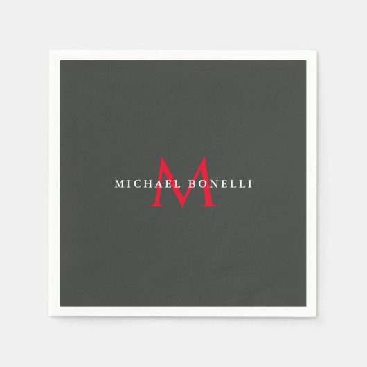 Onyx Black Red Monogram Modern Minimalist スタンダードカクテルナプキン (正面)