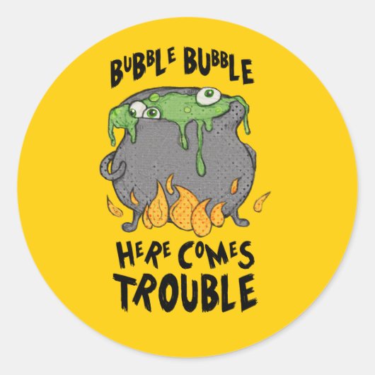 Oozy Cauldon Here Trouble Halloweenステッカー ラウンドシール (正面)
