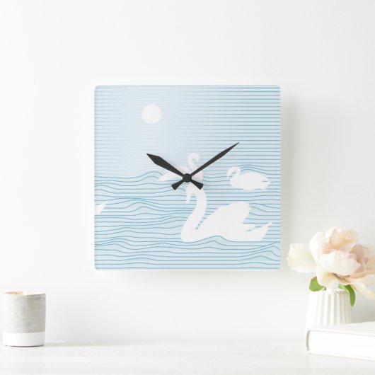 OP Art Blue Swan Drift  スクエア壁時計 (ホーム)