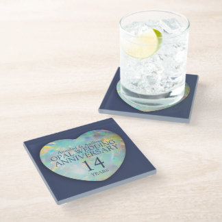 Opal 14th Wedding Anniversary Heart Glass ガラスコースター