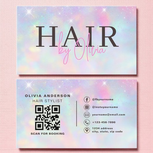 Opal Glitter QR Code Hair Stylist Modern 名刺