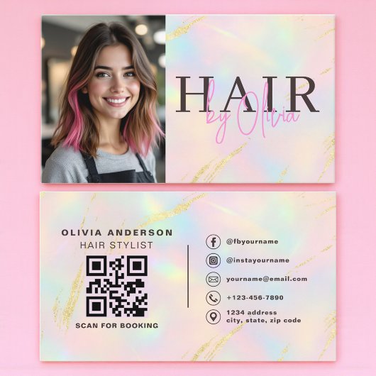 Opal Gold Glitter Hair Stylist Photo QR Code 名刺