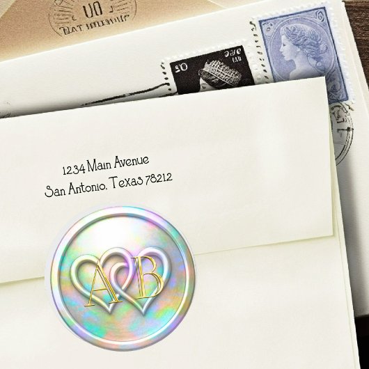 Opalescent Gold Two Hearts Gold Monogram ラウンドシール