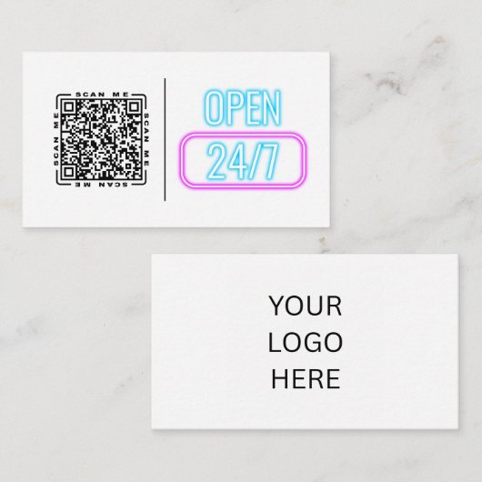 Open 24/7 ネオン | カスタマイズ可能なQRコードとロゴ 名刺 (正面/裏面)